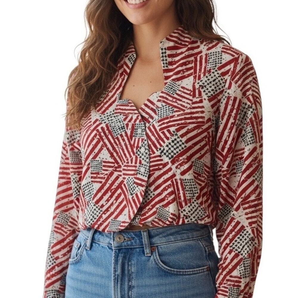 Rockies Vintage USA Flag Print Cropped Button-Up Top Long Sleeve  Size L